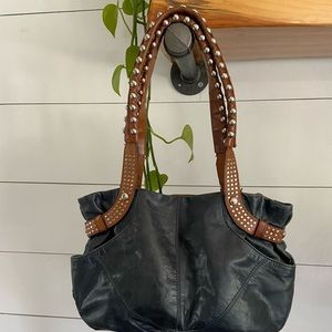 B. Makowsky Studded Handle Alma Shopper Bag Steel Blue & Brown